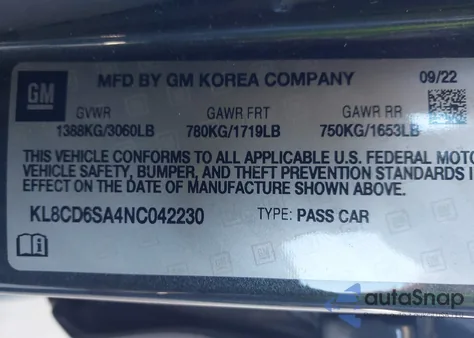 2022 Chevrolet Spark Fwd 1Lt Automatic z USA, uszkodzony, nr VIN KL8CD6SA4NC042230